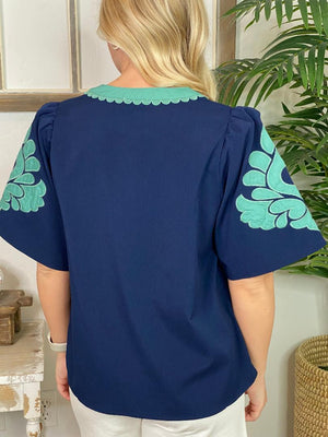 Navy Top with Green Scalloped Trim V-Neck Top