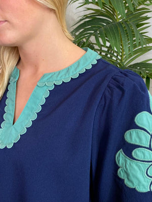 Navy Top with Green Scalloped Trim V-Neck Top