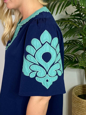 Navy Top with Green Scalloped Trim V-Neck Top