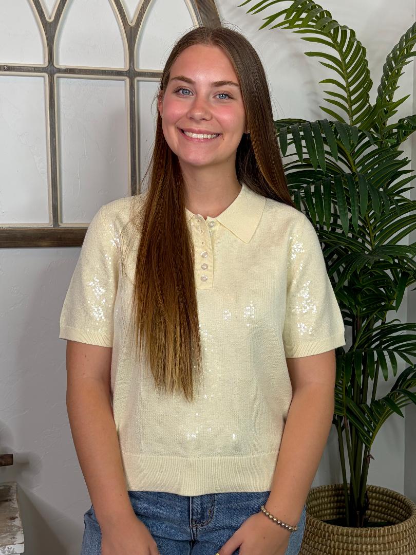 Red or Cream Sequin Polo Style Top