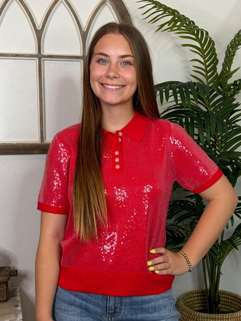 Red or Cream Sequin Polo Style Top