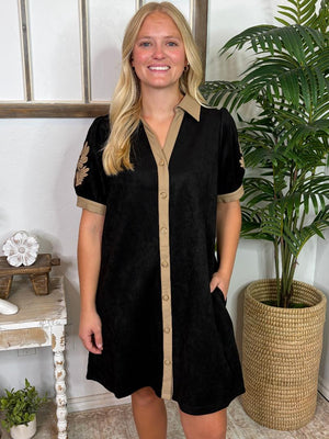 Black Dress with Khaki Trim and Flourish Sleeves - Suede Feel with Faux Leather Trim