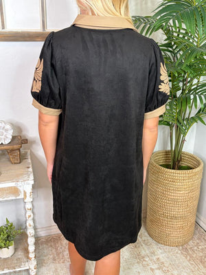 Black Dress with Khaki Trim and Flourish Sleeves - Suede Feel with Faux Leather Trim