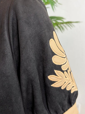 Black Dress with Khaki Trim and Flourish Sleeves - Suede Feel with Faux Leather Trim