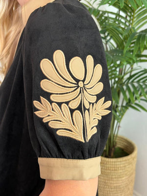 Black Dress with Khaki Trim and Flourish Sleeves - Suede Feel with Faux Leather Trim