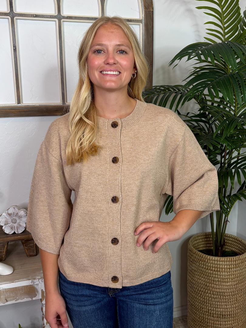 Oatmeal or Black 1/2 Sleeve Button Up Cardigan