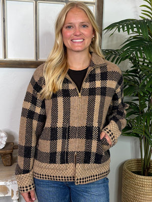 Taupe and Black Plaid Cozy Full Zip Jacket