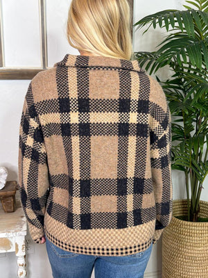 Taupe and Black Plaid Cozy Full Zip Jacket