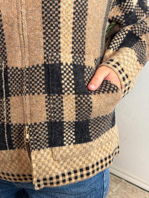 Taupe and Black Plaid Cozy Full Zip Jacket