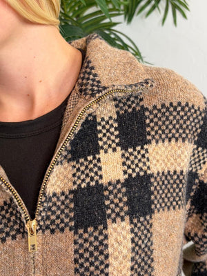 Taupe and Black Plaid Cozy Full Zip Jacket