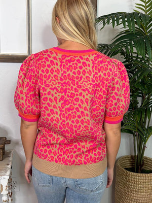 Hot Pink & Orange Leopard Short Sleeve Sweater