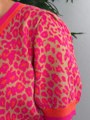 Hot Pink & Orange Leopard Short Sleeve Sweater