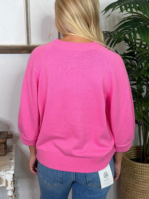 Pop Pink 3/4 Sleeve Button Up Cardigan