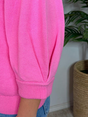 Pop Pink 3/4 Sleeve Button Up Cardigan