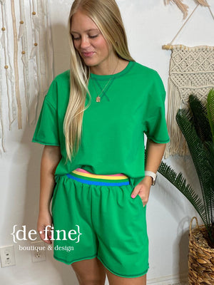 Shorts Set in Green or Hot Pink with Rainbow Waistband