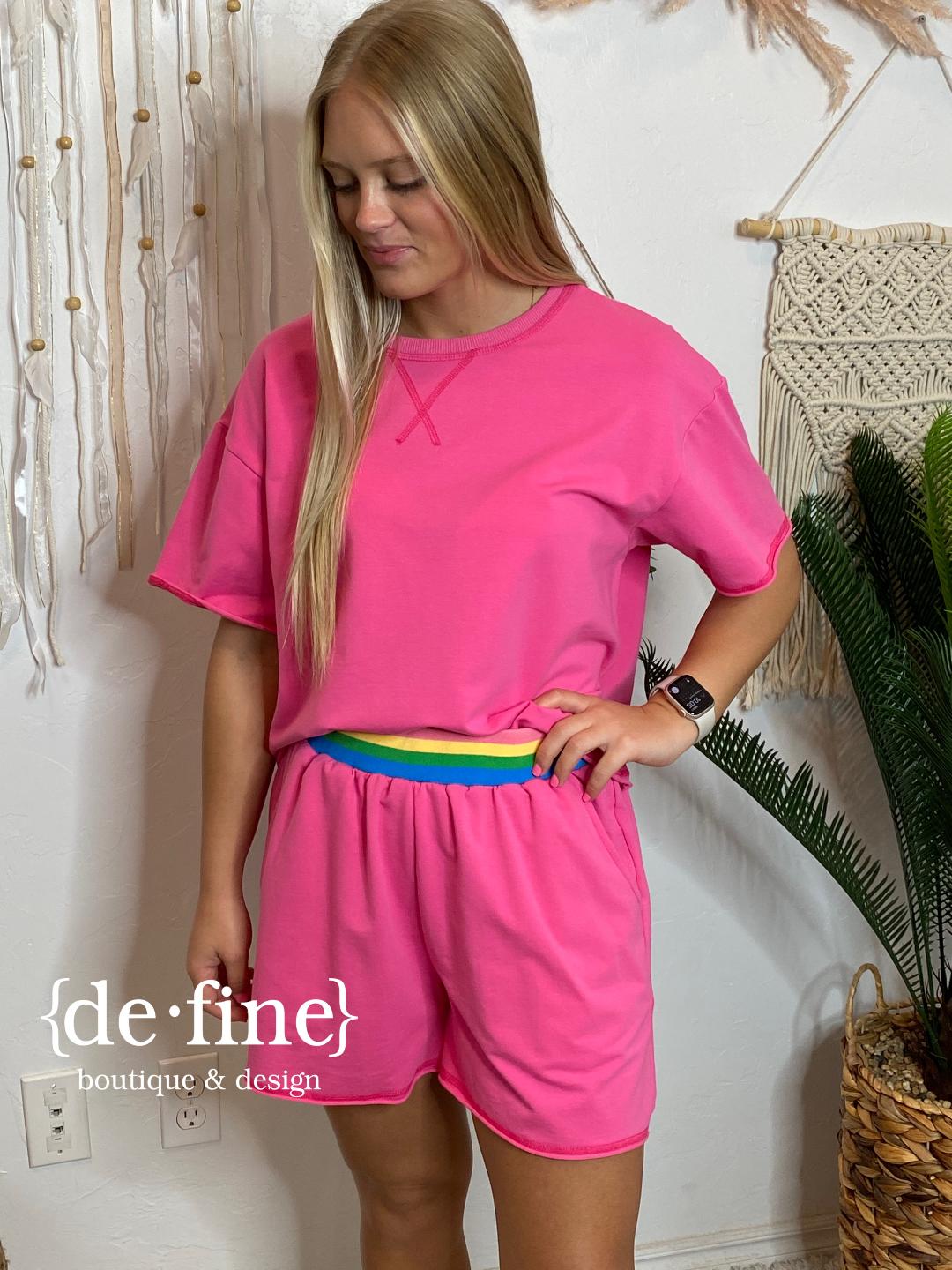 Shorts Set in Green or Hot Pink with Rainbow Waistband
