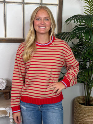 Red and Taupe Striped Top with Light Blue Trim