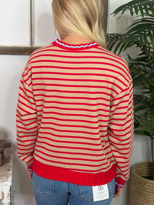 Red and Taupe Striped Top with Light Blue Trim