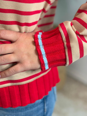 Red and Taupe Striped Top with Light Blue Trim