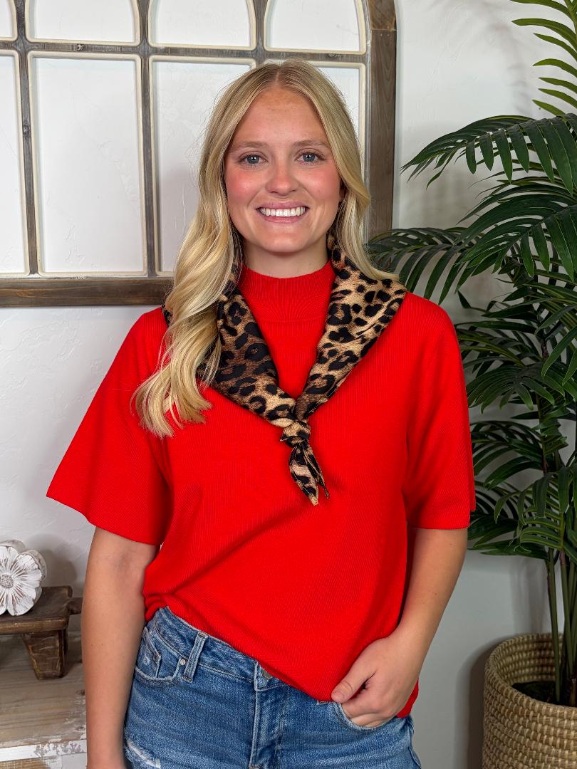 Red Lightweight Sweater Mock Neck Top with Leopard Scarf