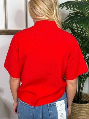 Red Lightweight Sweater Mock Neck Top with Leopard Scarf