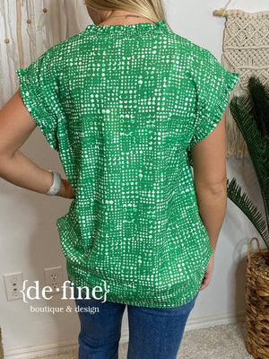 Kelly Green and White Abstract Dot Ruffle Sleeve Top