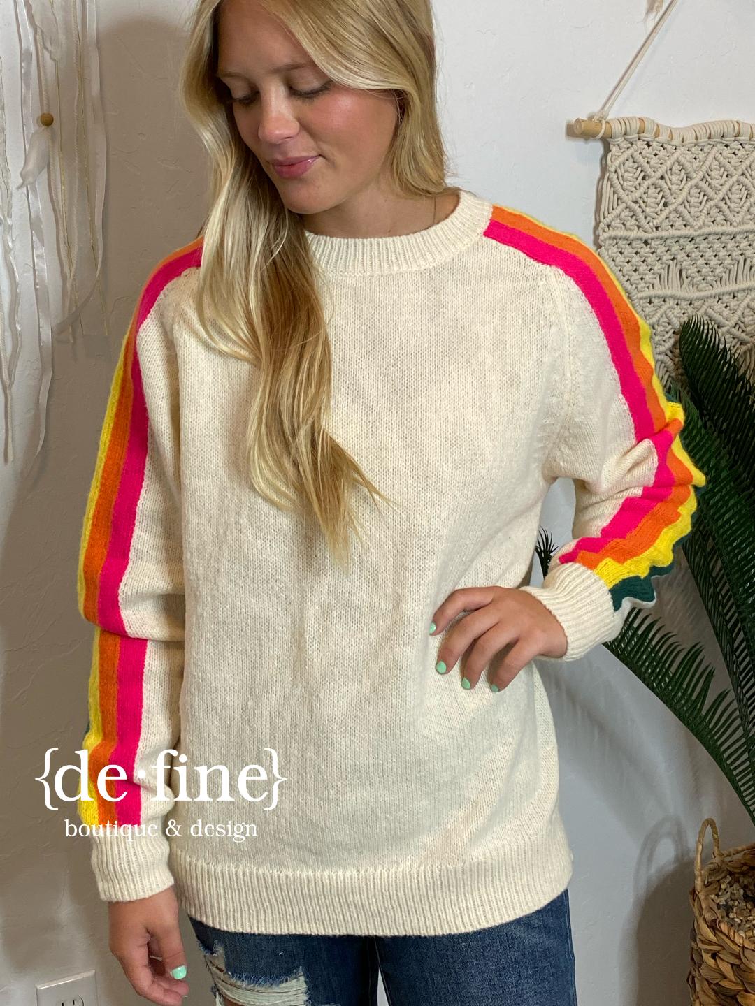 Rainbow Stripe Sleeve Ivory Sweater