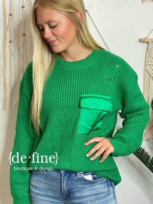 Distressed Knit Sweater with Satin Pocket in Ivory, Hot Pink or Kelly Green