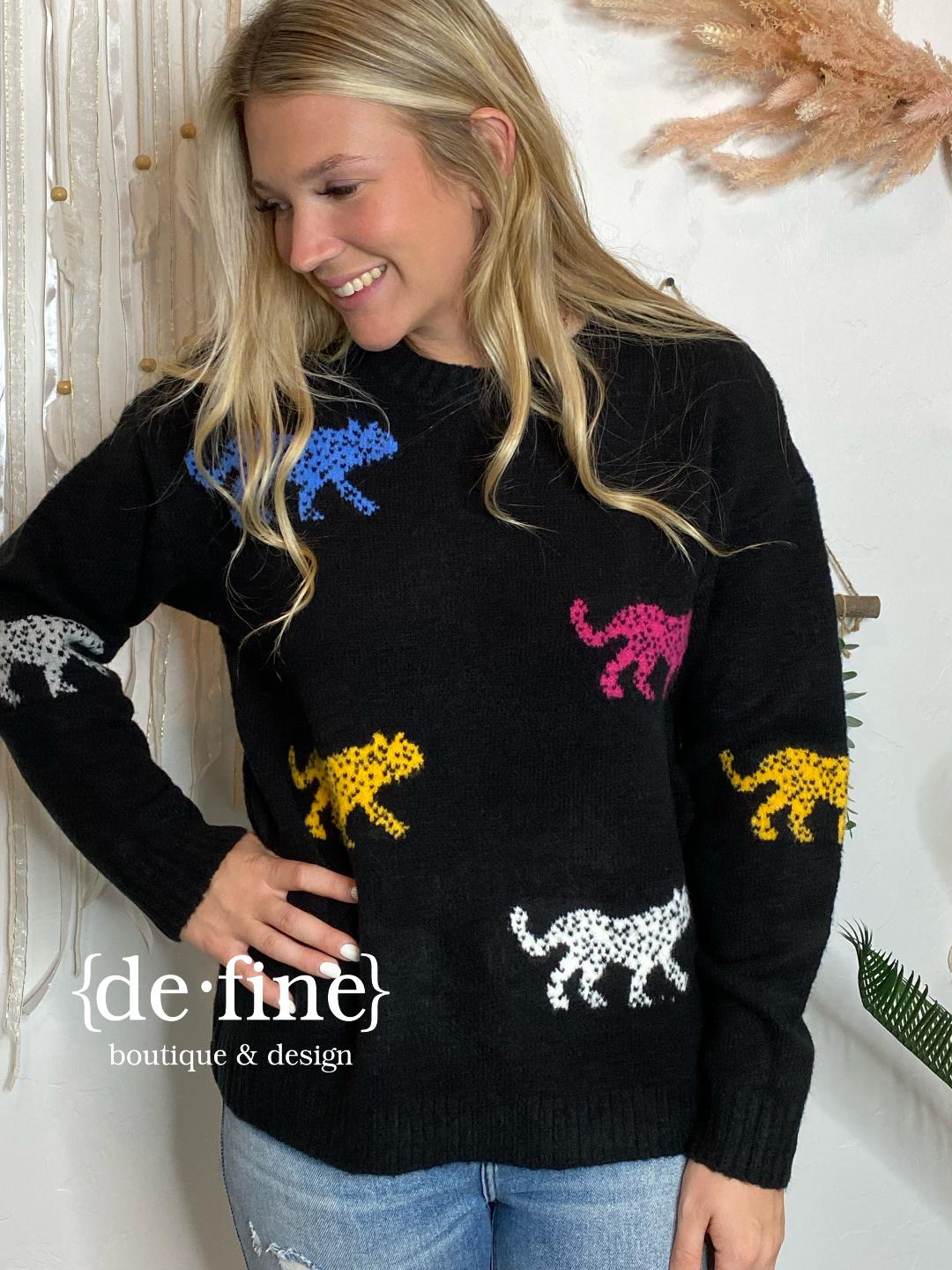 Black Sweater with Bright Leopards in Regular & Curvy