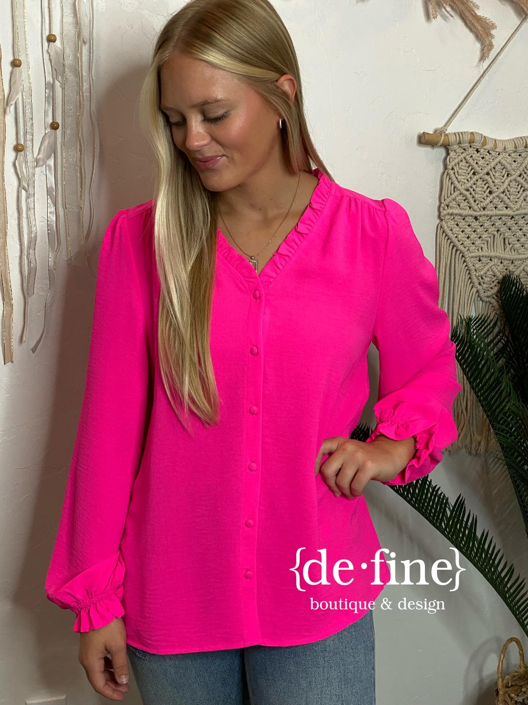 Princess Hot Pink or Black Button Up Blouse with Ruffle Accents Regular & Curvy