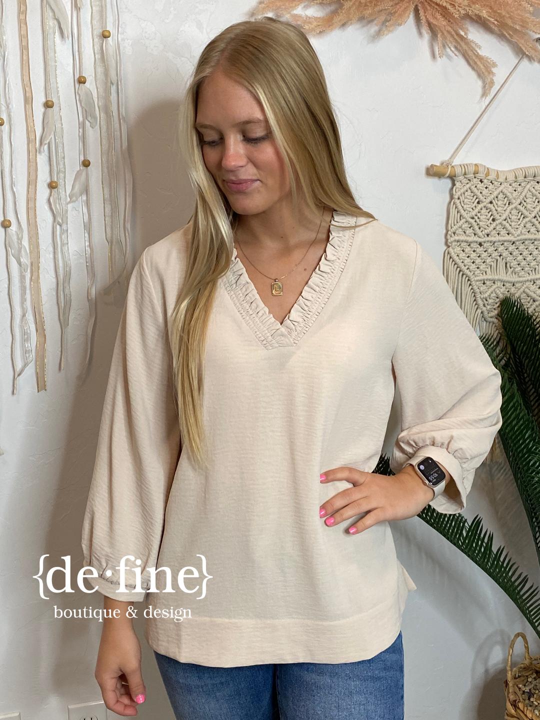 Oatmeal V-Neck with Ruffles Long Sleeve Top