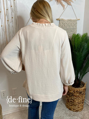 Oatmeal V-Neck with Ruffles Long Sleeve Top