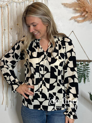 Black and White Abstract Blouse with Tie Neck