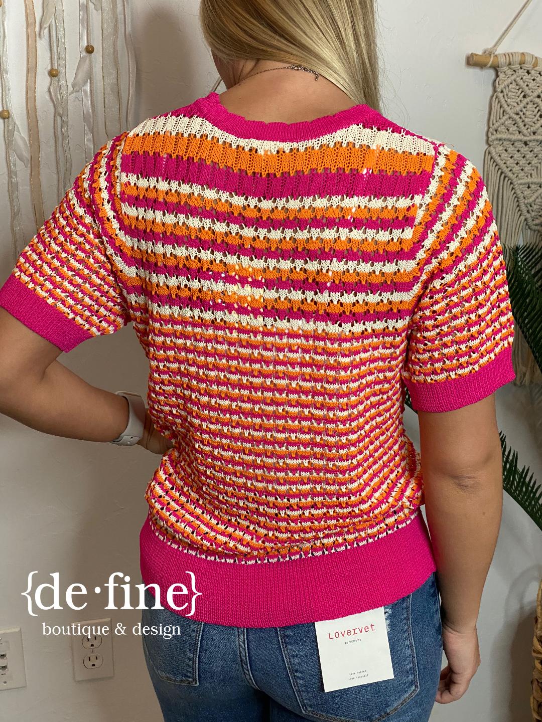 Orange, Hot Pink and White Striped Summer Sweater