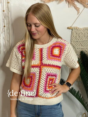Granny Square Crochet Top - Ivory, Orange and Hot Pink