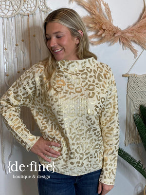 Ivory and Gold Leopard Sweater with Pocket