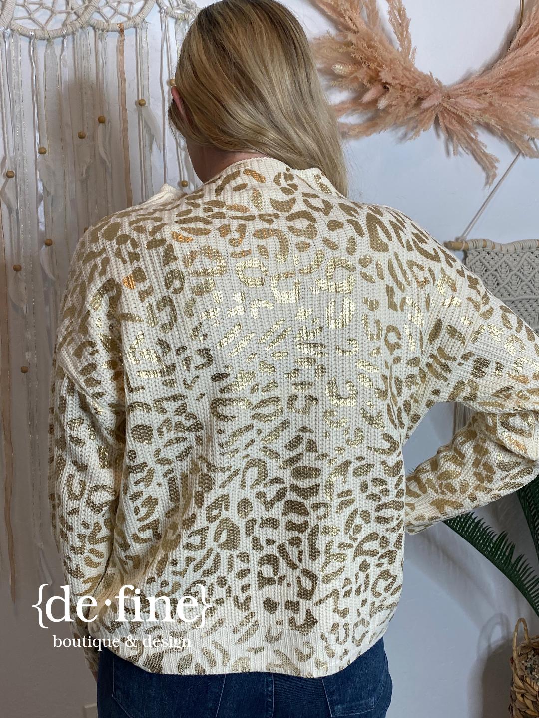 Ivory and Gold Leopard Sweater with Pocket