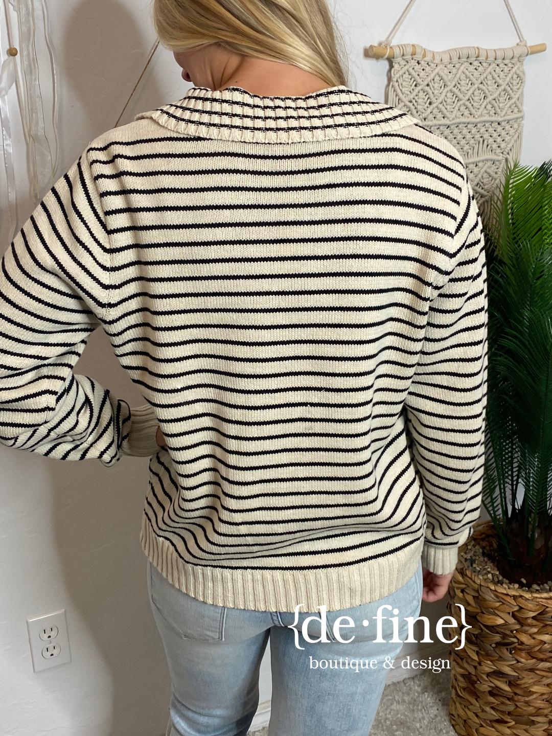 Natural and Black Wide Collared V-Neck Sweater