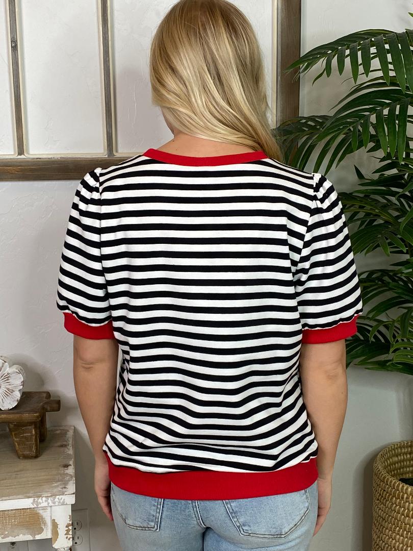 Black and White Striped Top with Red Trim