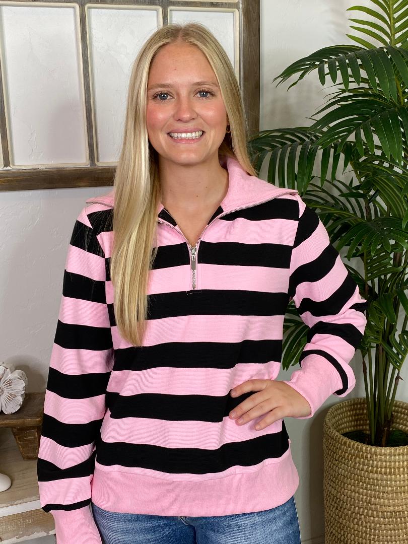 Pink and Black Striped 1/4 Zip Pullover