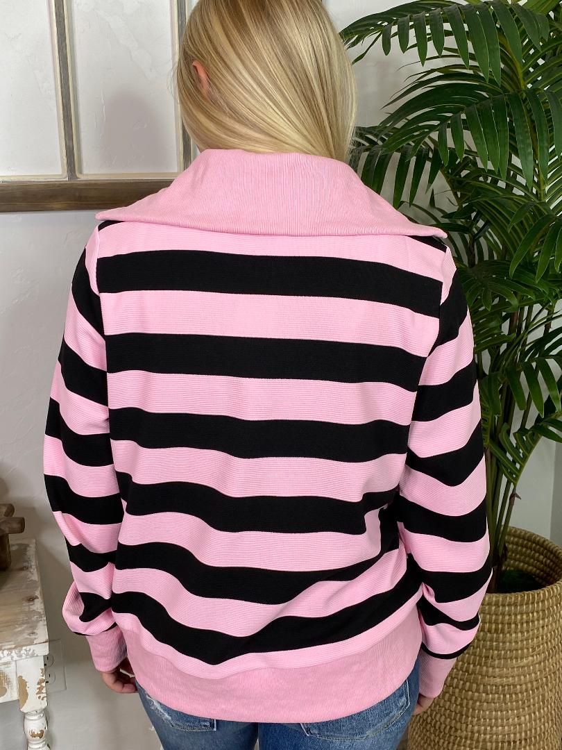 Pink and Black Striped 1/4 Zip Pullover