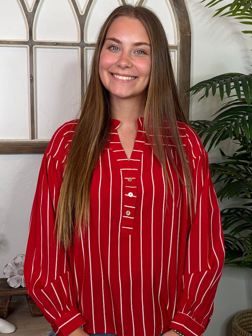 Red Pinstripe V-Neck 3 Button  Top