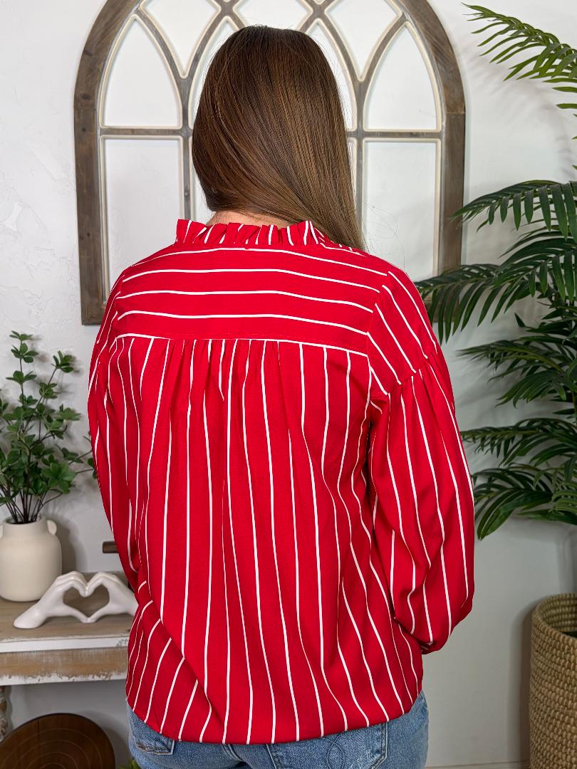 Red Pinstripe V-Neck 3 Button  Top