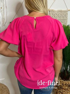Black or Hot Pink Puffed Sleeve Blouse in Regular & Curvy
