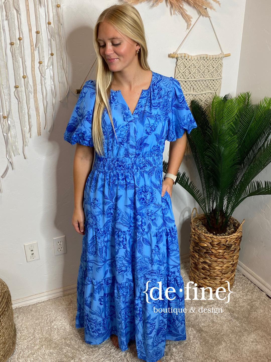 Blue Toile V-Neck Dress