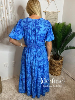 Blue Toile V-Neck Dress