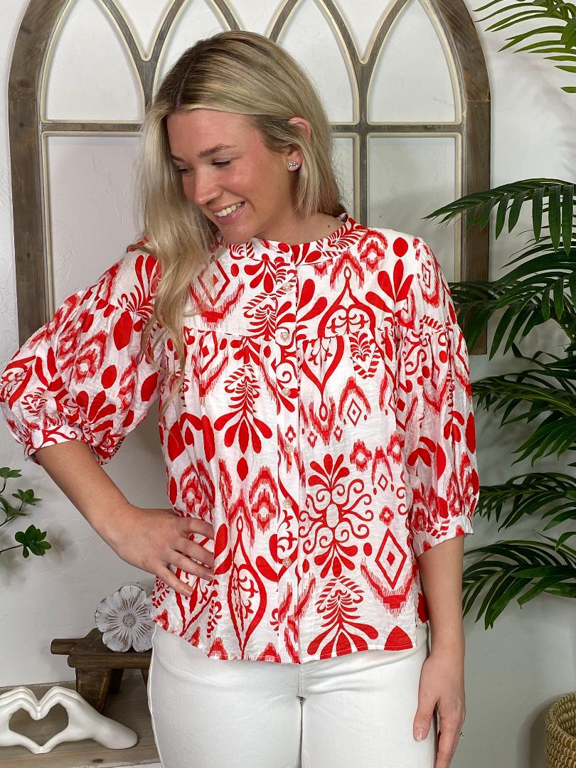 Red or Royal Damask blouse