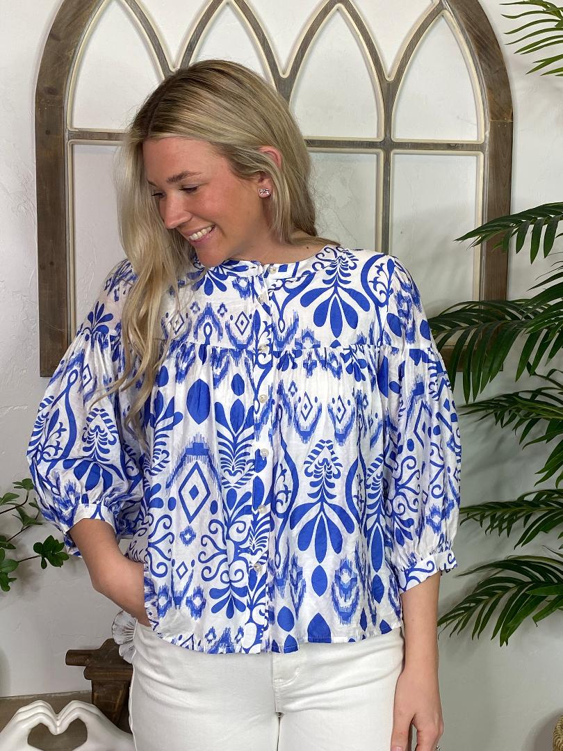 Red or Royal Damask blouse