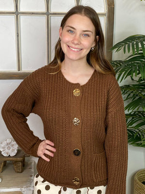Brown Cardigan with Large Gold Buttons