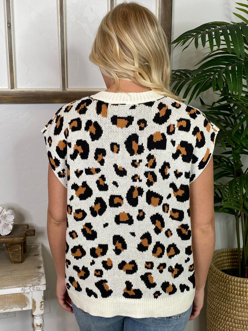 Leopard Sleeveless Button Up Sweater